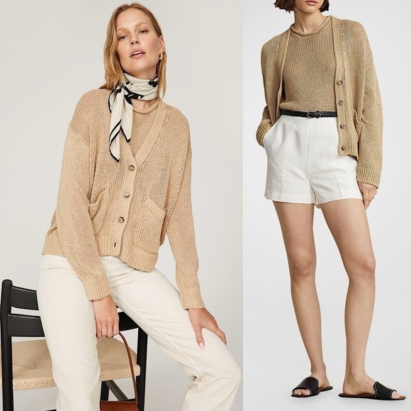 POLO RALPH LAUREN Beige Linen Oversized Fit V-Neck Open Knit Cardigan Sweater XS - Picture 1 of 14